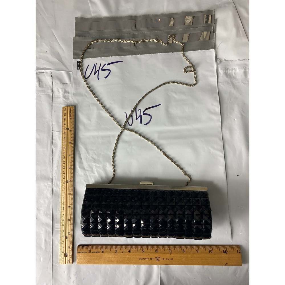 Black Studded‎ Clutch Evening Bag With Chain